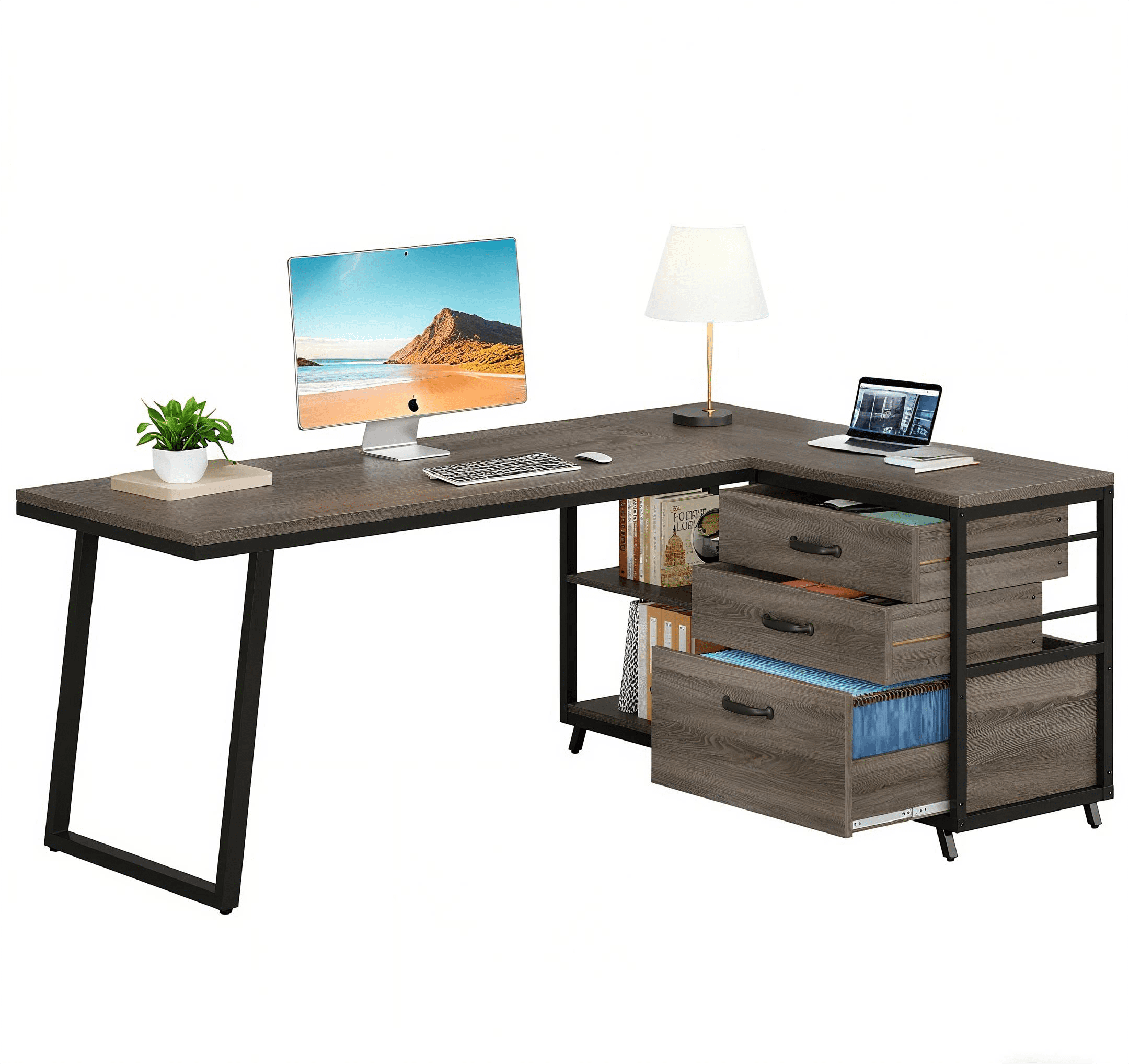 Fnova 53.15" L-shaped Computer Desk with 3 Drawers, Wood Tabletop, Metal Frame Office Desk, Gray