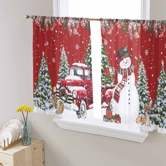 Red Christmas Sheer Curtains 54 Inches Long, Snowman Xmas Truck Balls Tree Light Filtering Window Curtains for Living Room/Bedroom, Rod Pocket Voile Sheer Curtain Drapes, 52"W x 54"L, 2 Panels