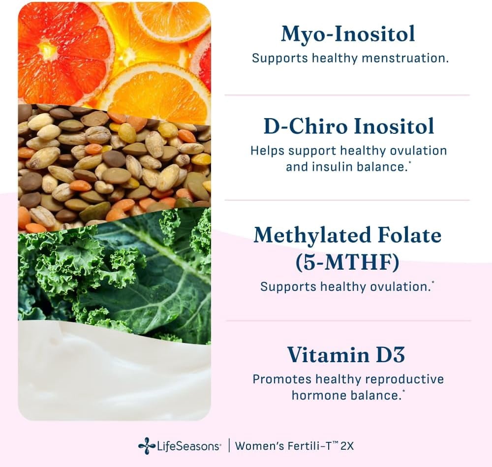 LifeSeasons Fertili-T 2X Powder – Myo & D-Chiro Inositol (40:1) Ovarian Support Supplement – Unflavored Daily Drink Mix with Methylated Folate & Vitamin D – Hormone Balance & Fertility Boost - 64.4g