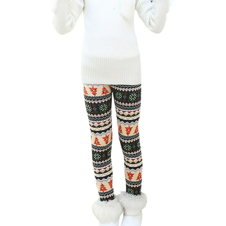 Girls Winter Thick Warm Long Pants Christmas Tree Reindeer Print