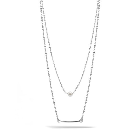 Tazza-Silver Bar And Pearl 2 Row Layer Necklace