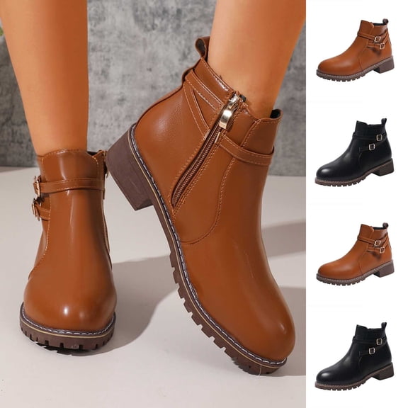 Taqqpue Women's Boots, Women's Fashion Casual And Winter Round Head Belt Buckle Fashion Boots Side Zipper Thick Heel Short Boots for Women