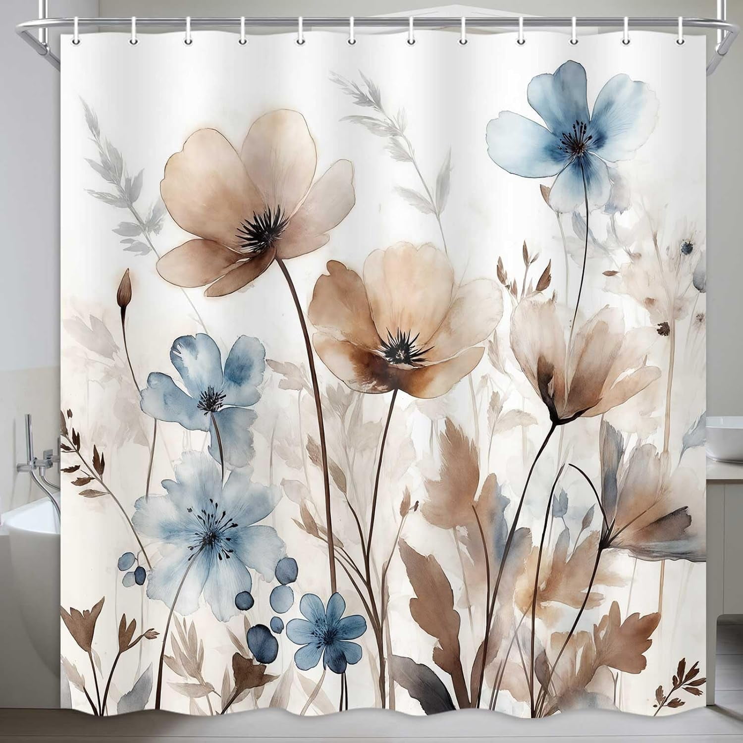Boho Floral Watercolor Shower Curtain Cream Tan Beige Blue Watercolor Flower Fabric Shower Curtains Set for Bathroom Decoration Rustic Farmhouse Bath Decor 54"W x 78"L (Pack of 1)