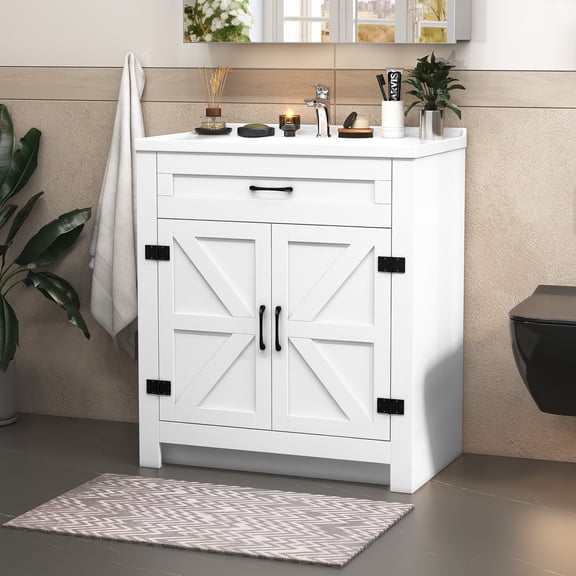32" Modern Bathroom Vanity with Integrated Ceramic Sink Top, Freestanding Bathroom Storage Cabinet with 2 Soft Close Doors, White