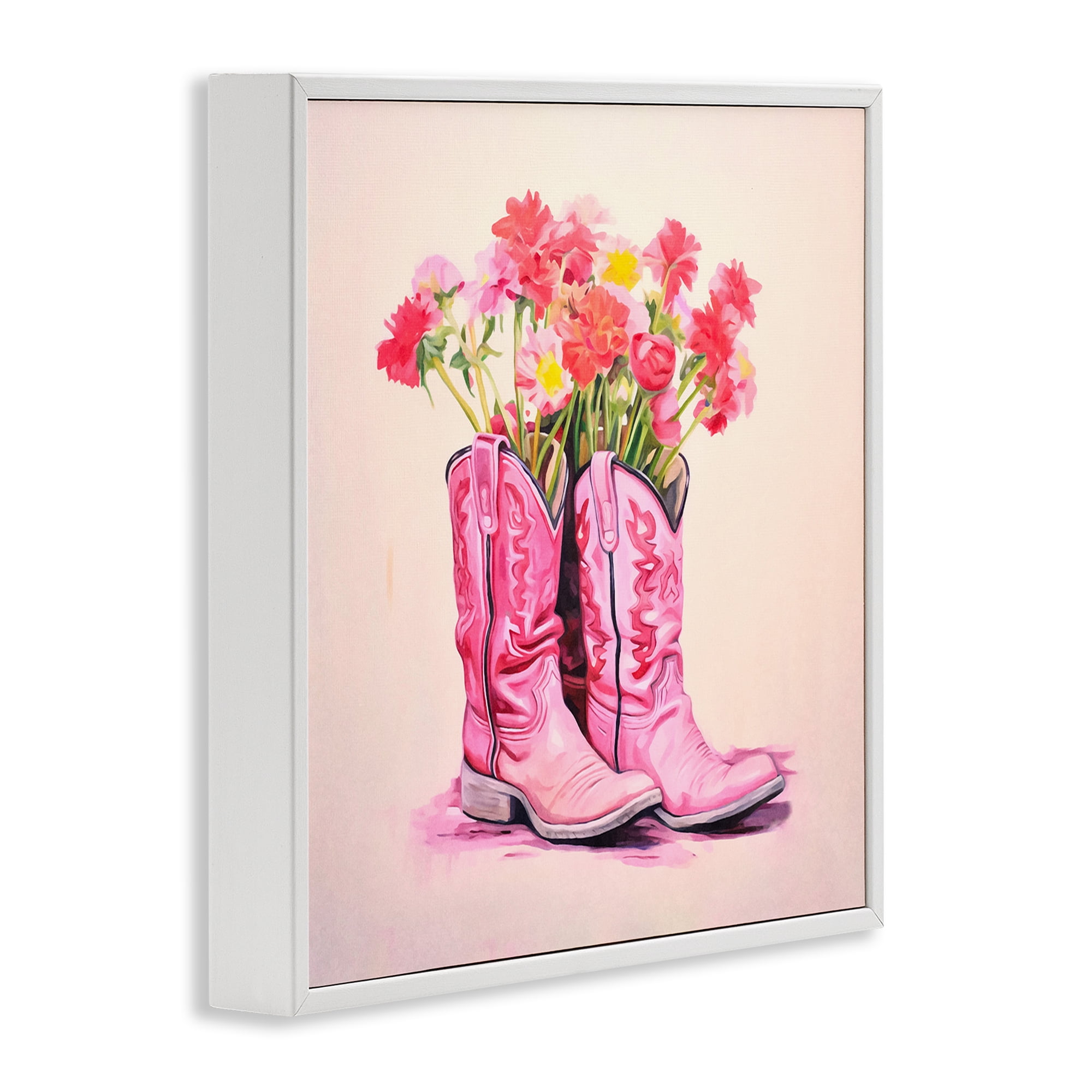 Stupell Industries Pink Blossom Boots Botanical & Floral Painting White Framed Art Print Wall Art, 17 x 17