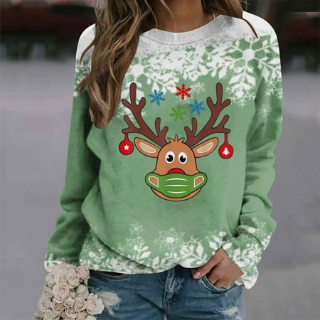 

jsaierl Womens Crewneck Sweatshirts Round Neck Long Sleeve Shirts Christmas Deer Pattern Tops Dressy Casual 2022 Blouse Tee Pullover Christmas Gifts for Teen Girls