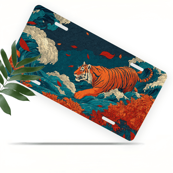 1 Pcs 2D Flat License Plate Covers & Frames, Tiger in Waves with For Decorative Front, Waterproof For Decoration Aluminum License Plate Covers & Frames Cover For Men Women, 12" X 6"