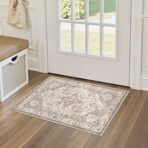 UERMEI 2x3 Washable Area Rugs for Living Room, Modern Vintage Printed Rug, Vacuum-Friendly, Non Slip Indoor Rug for Bedroom Entryway Home Decor Carpet, Beige Brown