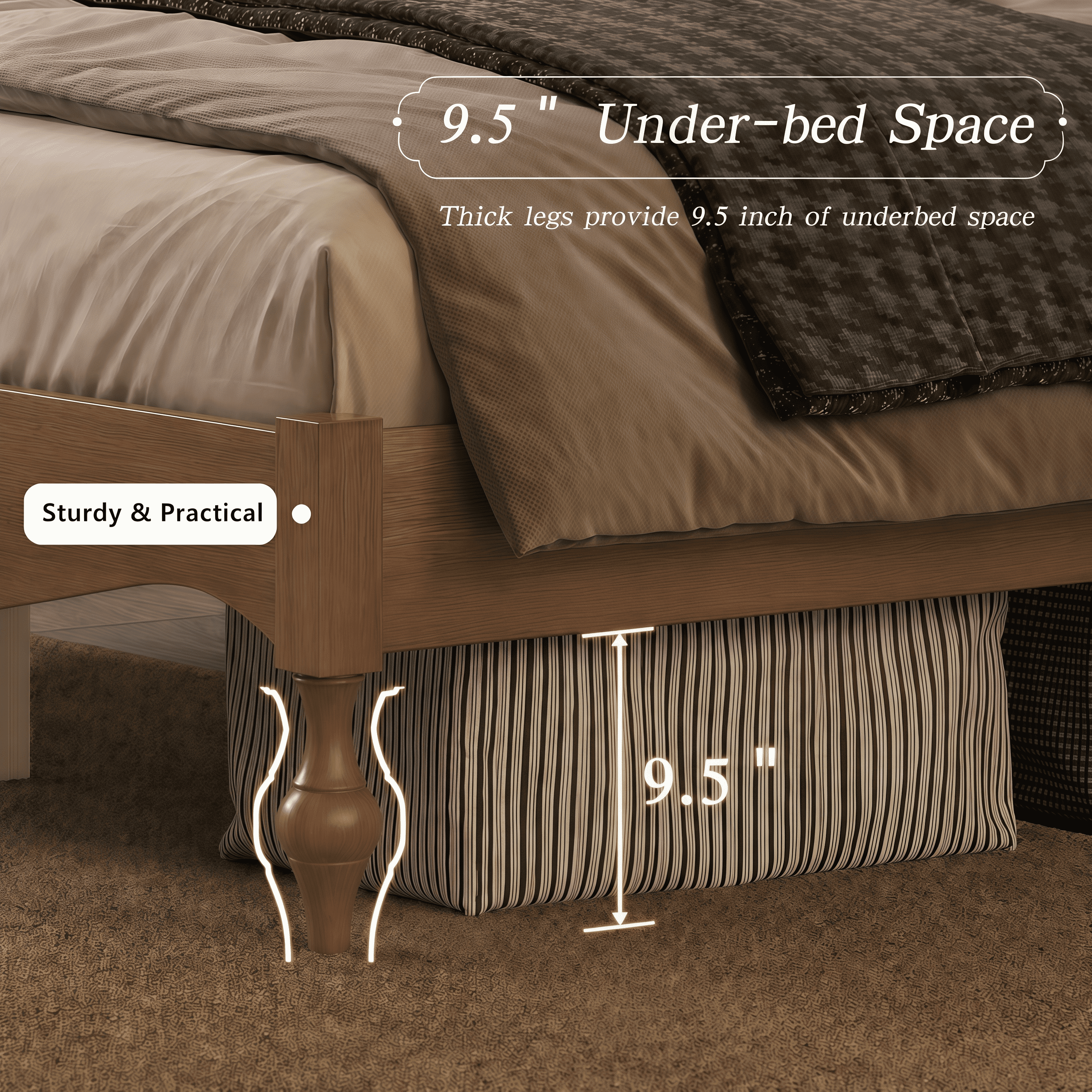 Euroco Wood Queen Size Platform Bed with Traditional Arched Headboard, Vintage Bed Frame, No Box Spring Needed, Light Walnut