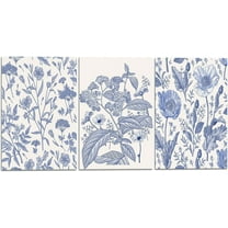 Blue Botanical Floral Wall Art Set of 3 - Minimalist Flower Pictures Wall Decor Canvas Prints, Wildflower Wall Art for Living Room, Bedroom, Bathroom - Unframed 8x10 in