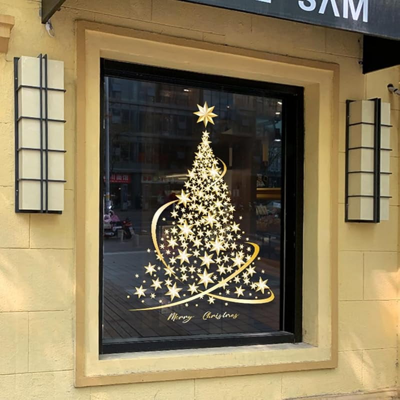 Golden Christmas Tree Window Clings Stickers for Glass, Large DIY Static Wall Window Door Mural Showcase Decal Sticker