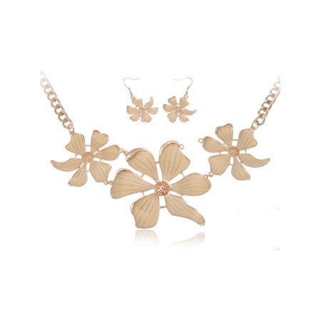 Gold Tone White Enamel Spring Hawaiian Flowers Fashion Necklace and Earring Set