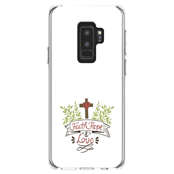 DistinctInk Clear Shockproof Hybrid Case for Samsung Galaxy S9  PLUS (6.2" Screen) - TPU Bumper, Acrylic Back, Tempered Glass Screen Protector - Faith, Hope & Love - Cross & Leaves