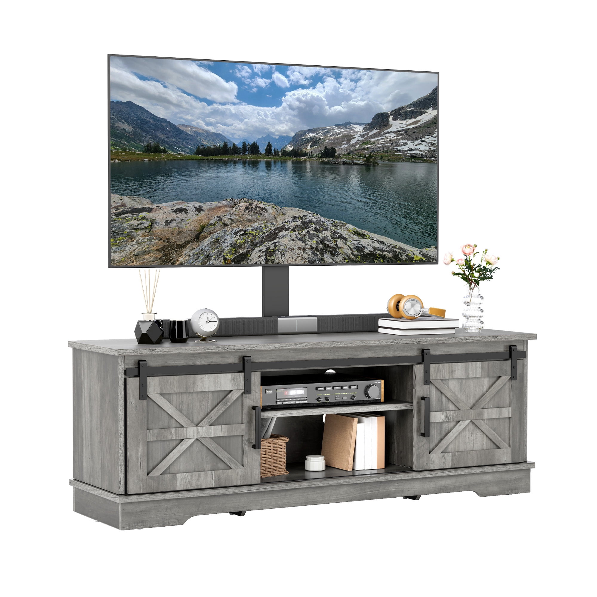 Uforic Farmhouse TV Stand with Mount for 32-70" TVs, Media Console Cabinet with Barn Doors, Gray
