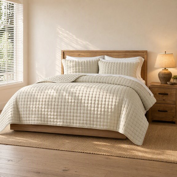 Queen Size Beige 3 Piece Quilt Set 90x90 Inches, Lightweight Soft Quilted Bedspread Coverlet, All Season Bedding with 2 Pillow Shams