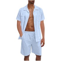 UVEASISHA Men's Linen 2 Pieces Beach Outfit Cotton Set Short Sleeve Button Down Shirts Summer Beach Shorts Casual Outfits Light Blue