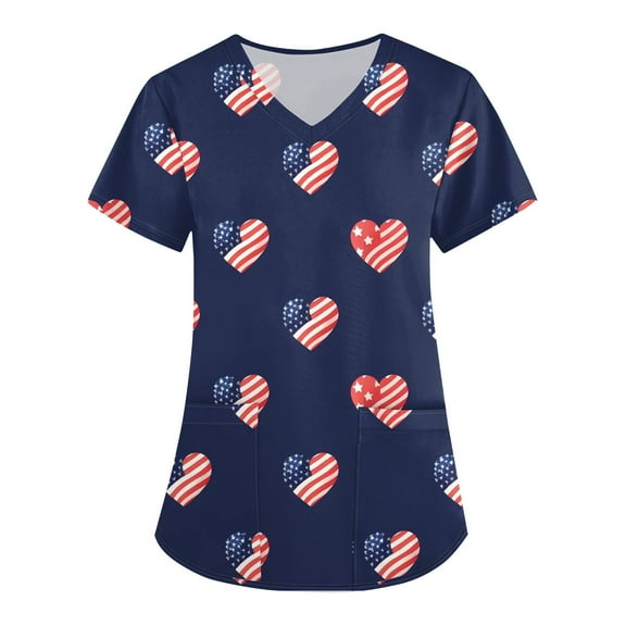 July 4Th Shirts For Women, Scrubs Tops Of V Neck Short Sleeve Workwear With Pockets Red White And Royal Blue American Flag Top Petite Scrubs Women Sets Outfits Tank Tops (L, Blue) ZMTing