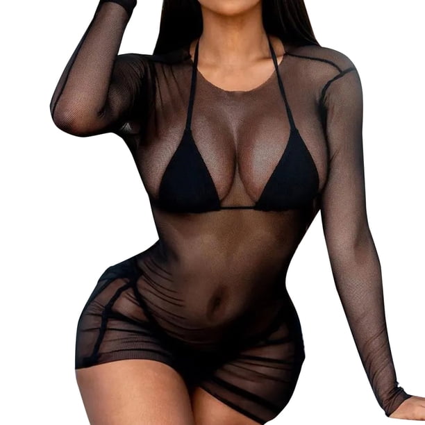 noarlalf underwear women clubwear long mini casual tops dress see through  sleeve crop sheer mesh women's intimates long sleeve sheer mesh cover up dress  lingerie sleepwear womens underwear - Walmart Business Supplies