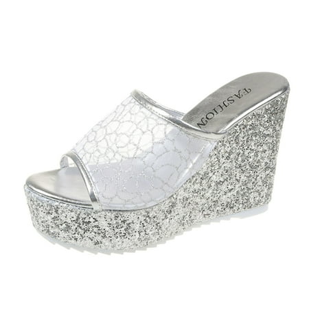 

Ladies Fashion Summer Solid Slipper Socks for Women Color Sequin Mesh Open Bear Slippers for Women Toe Wedge Heel Thick Foam Slippers for Women Sole Sandals Fashionable and versatile