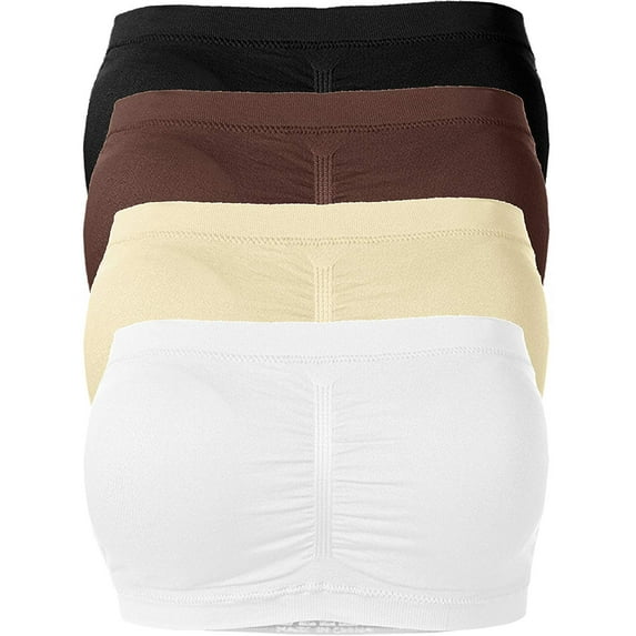 Basic 7" Seamless Padded One Size Tube Top Sports & Fitness Bra Bandeau (4Pack:Black/Brown/Taupe/White)