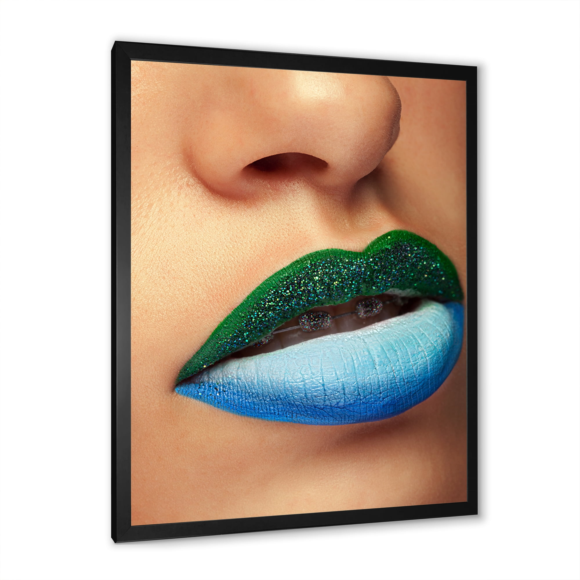 Designart 'Close Up Woman Lips With Fashion Make Up and Brackets' Modern Framed Art Print