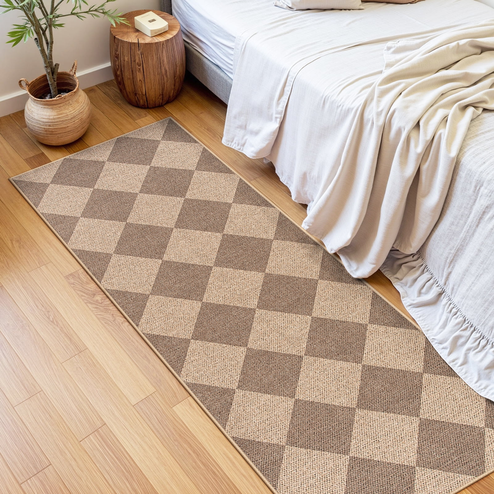 SUNDEREY 2'x6' Easy Jute Hallway Runner Rug, Non Slip Washable Rugs for Entryway Indoor Kitchen Mats for Floor, Modern Geometric Checkerboard Indoor Outdoor Carpet for Entry Front Door,Khaki