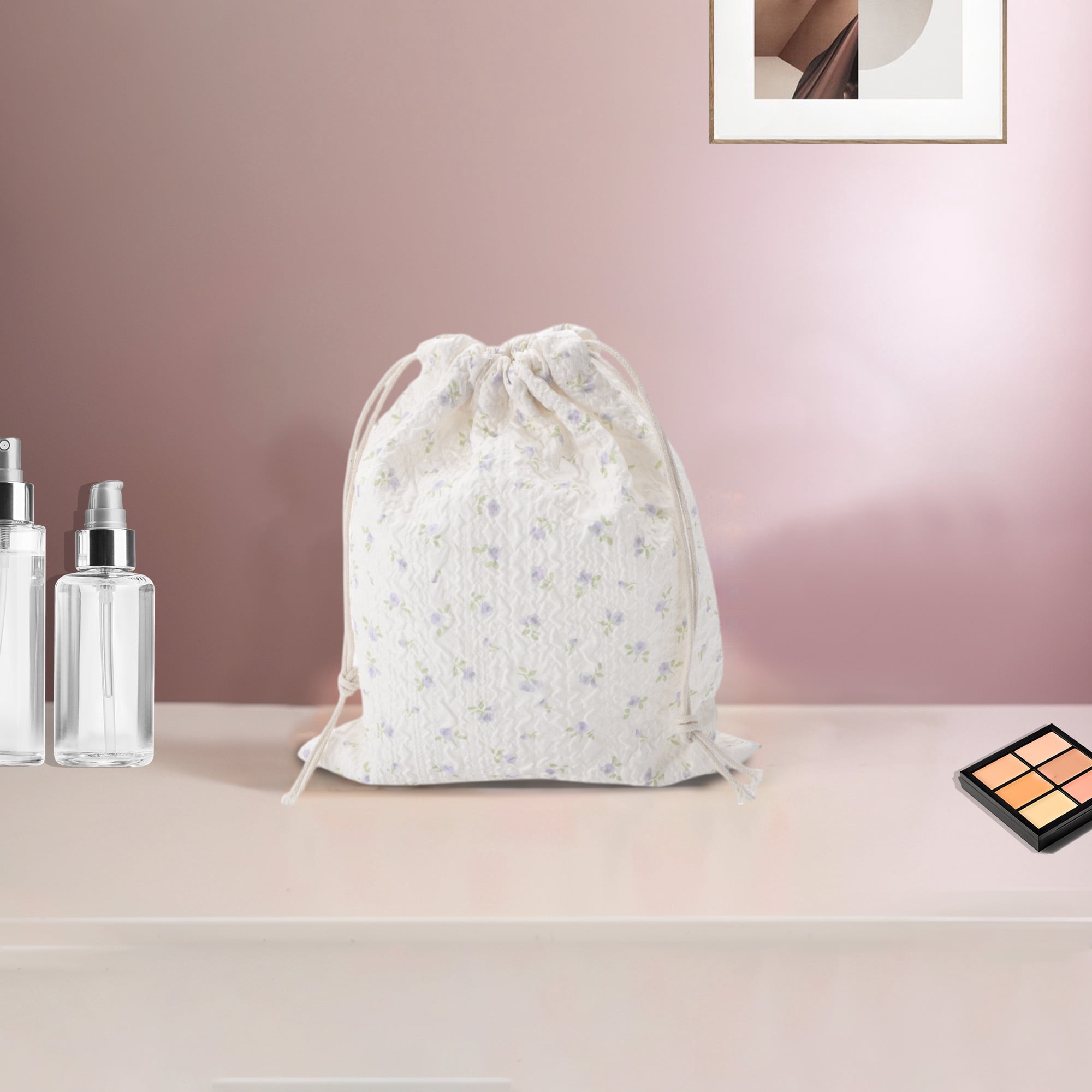 Unique Bargains 1 Pc Purple Flowers Drawstring Makeup Bag for Travel Beige 7.48 in