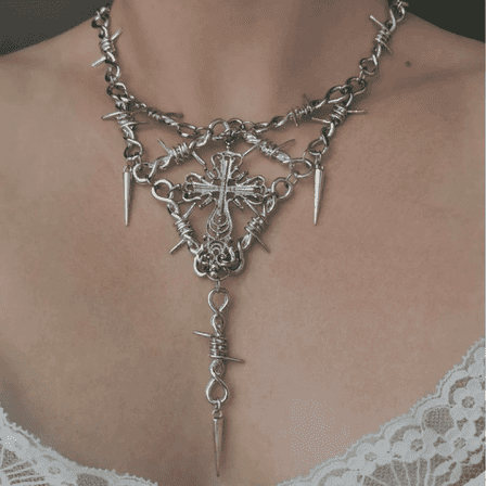 Thorn Cross Pendant Chain Necklace Choker