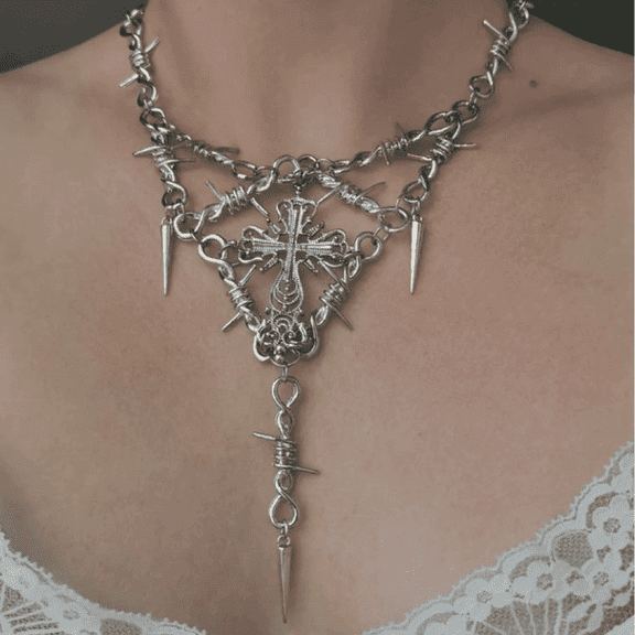 Thorn Cross Pendant Chain Necklace Choker