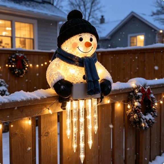 Winter Glow Snowman Icicle Light Decor, Easy-Mount Festive Hanging Light, Hassle-Free Holiday Decor for Railing Fence Eaves Christmas Display, Christmas Outdoor Decorations for Porch Yard Entryway, 1