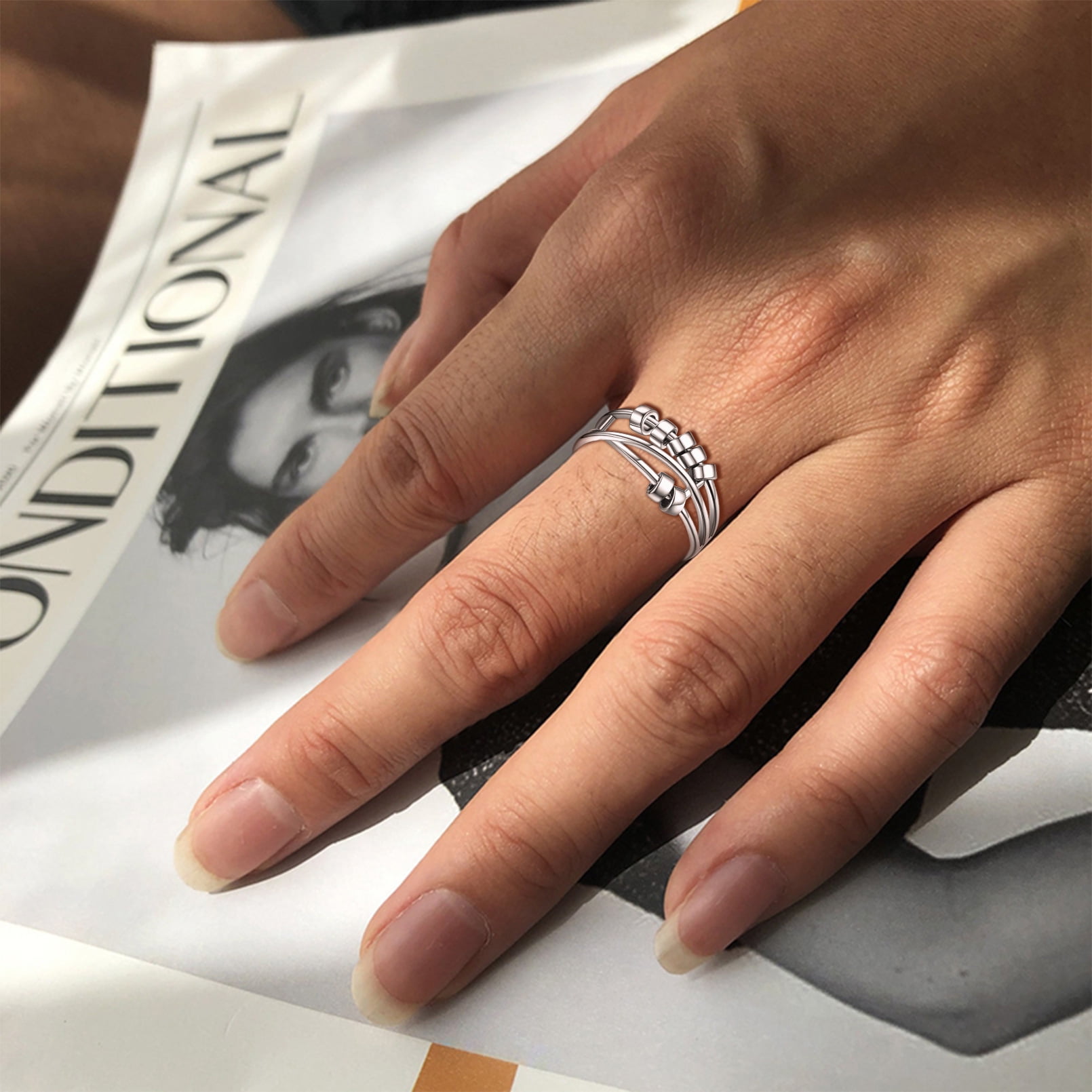 ChicSilver Ring for Women Adjustable Sterling Silver Fidget Anxiety Ring with Rotatable Polished Beads for Stress Relief