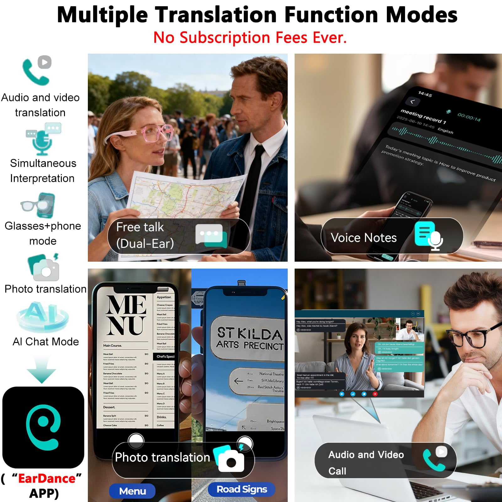 AI Smart Glasses for Men Women, Bluetooth Glasses with 164+ Languages Translation, Color-Change Lens and Hands-Free Calls for Travel Meeting Trade Business