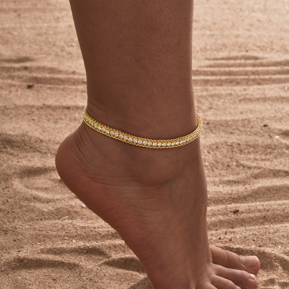 Sparkling Tennis Anklet for Women, 14K Yellow Gold Cubic Zirconia Charm CZ Foot Chain Summer Jewelry