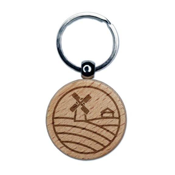 Wind Mill on Farm Round Keychain Charm Tag - Engraved Wood