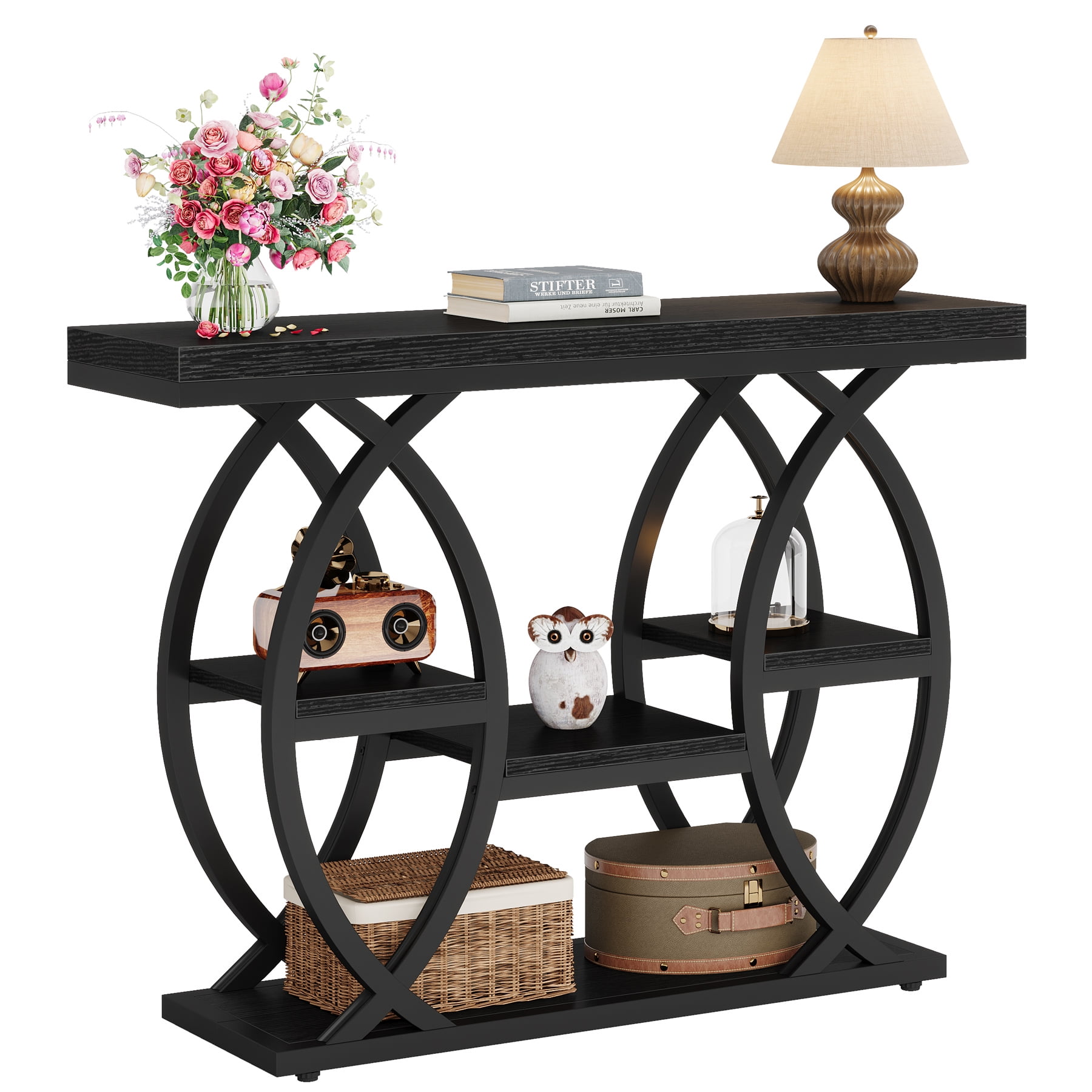 Fnova 39.4" Industrial Console Table, 4-Tier Retro Staggered Storage Shelves, Narrow Wood Accent Table with Metal Frame, for Small Spaces, Entryway, Sofa, Hallway