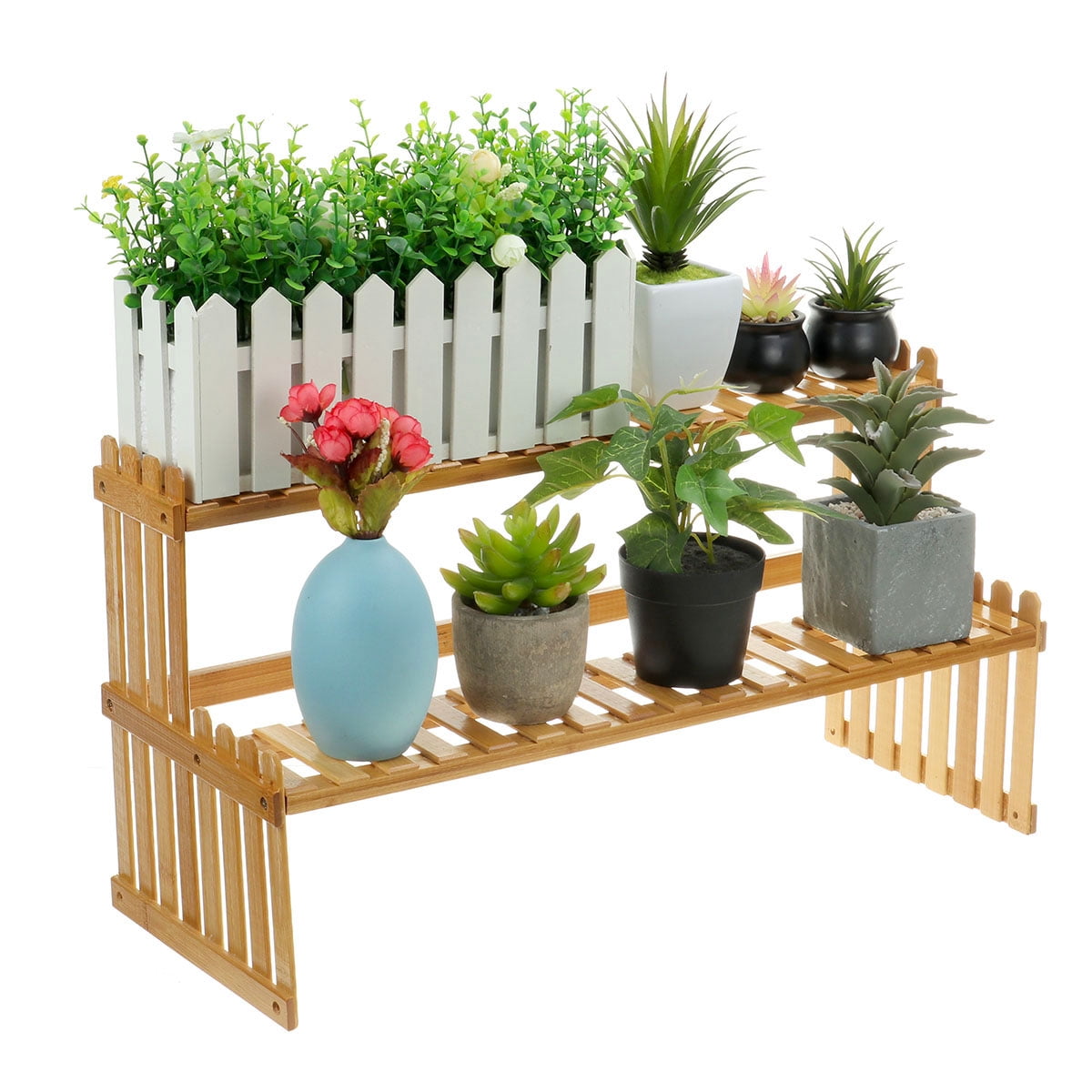2 Tier Plant Stand Shelves Flower Pot Rack Bamboo Garden Indoor Outdoor
