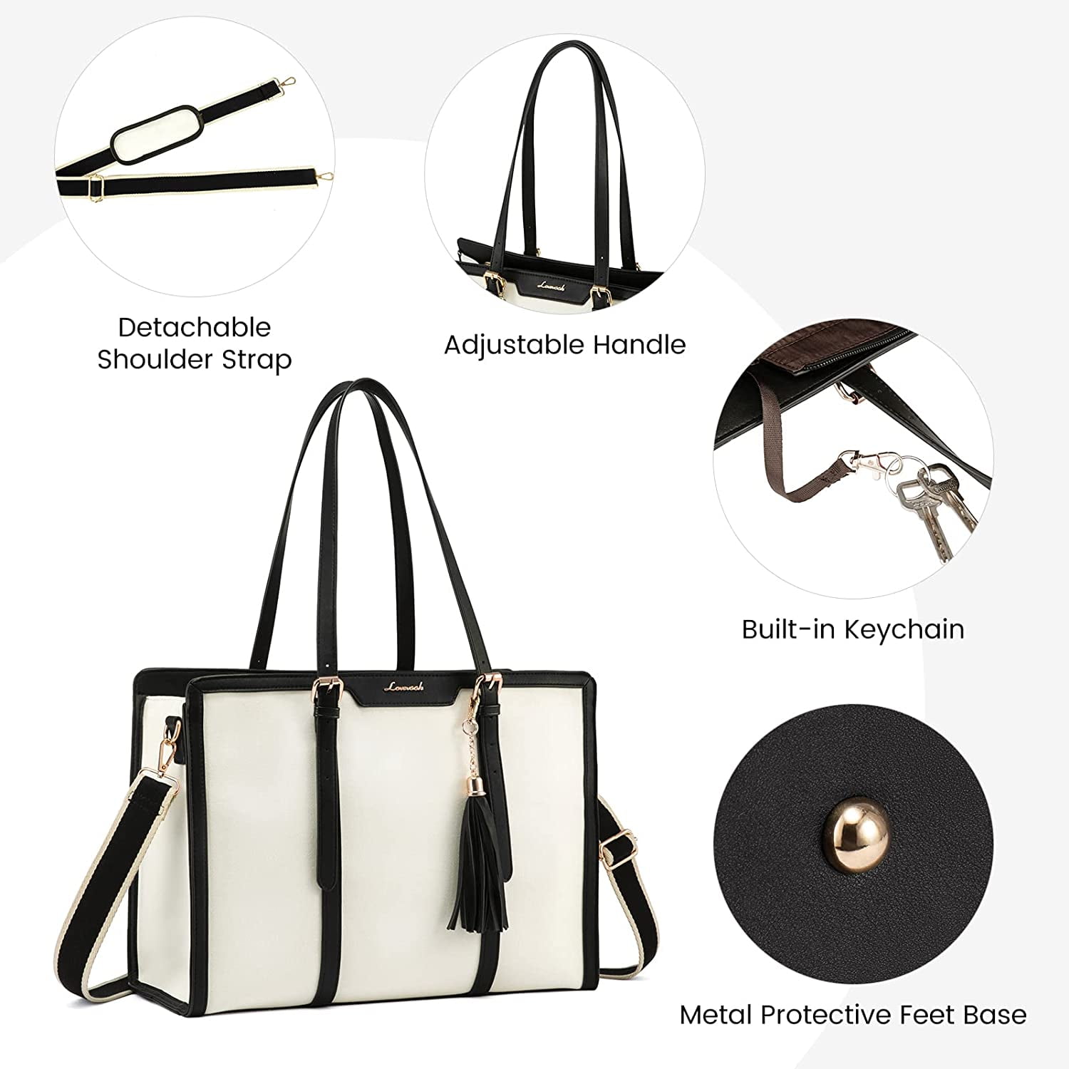 Lovevook Women's Lightweight Canvas 15.6" Laptop Tote with Clutch Purse, Black and Beige