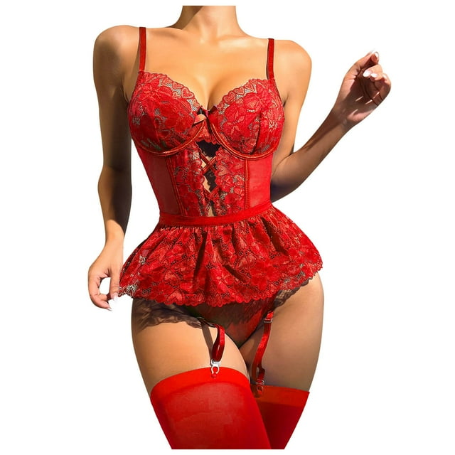 Gibobby Lencería sexy Conjunto de lencería para mujer Bralette de encaje y conjunto de panty Lencería de encaje con tiras Lencería sexy(Rojo CH)