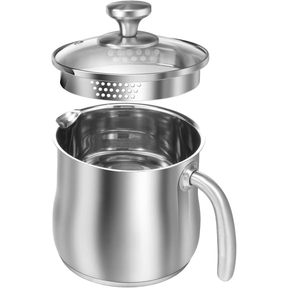 2L Stainless Steel Milk Pot with Glass Lid - Saucepan with Pour Spout for Boiling Milk, Cooking Sauce, Pasta, Gravies & Noodles(1Pcs, B)
