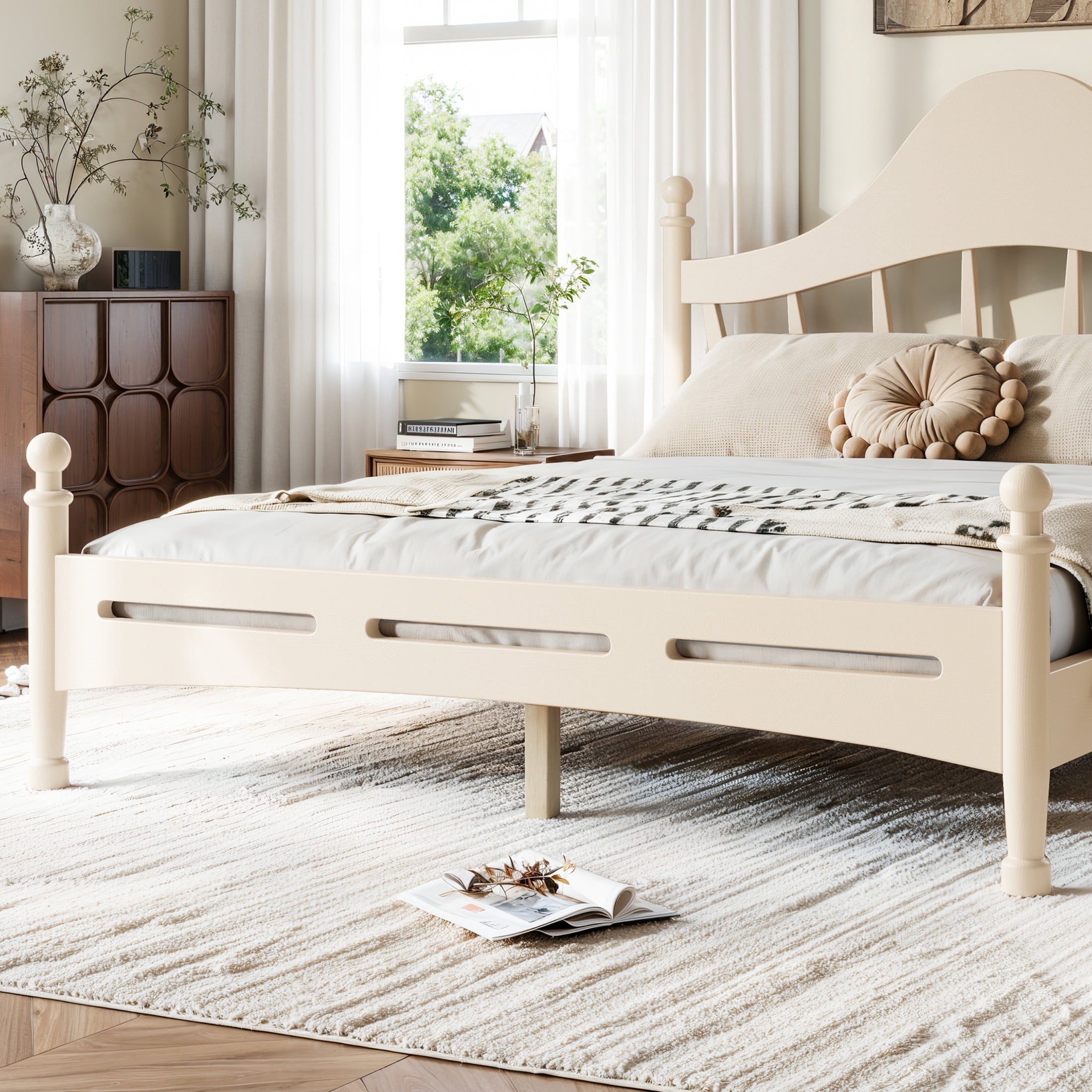GDF Studio Queen Size Platform Bed with Curved Headboard, Solid Pine Frame, Slatted Support, Beige