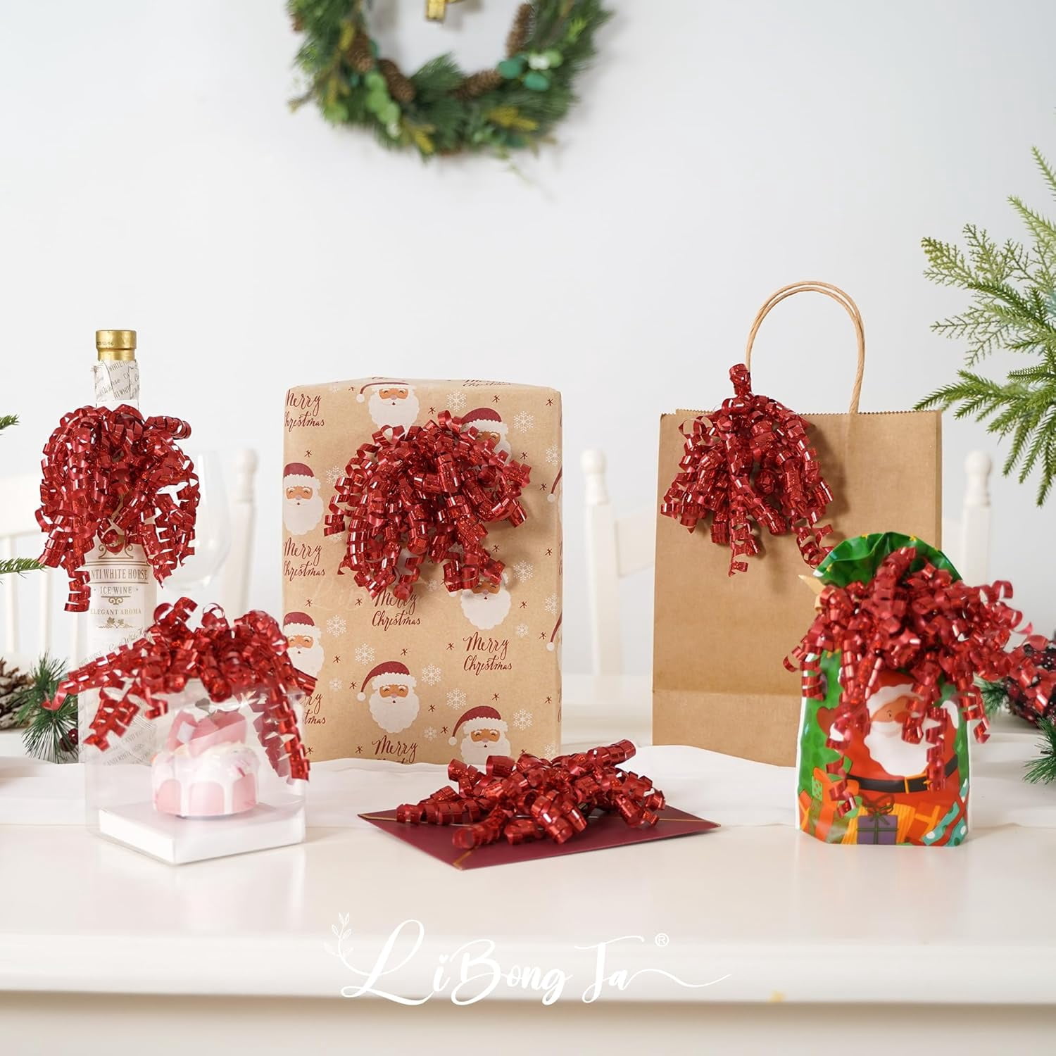 12 PCs Red Bows for Gift Wrapping 5 Inch Self Adhesive Curly Ribbon Bow for Party Favor, Gift Wrap Accessory, Metallic Valentine Bows, Premade Bows for Presents, Wine Bottles, Baskets