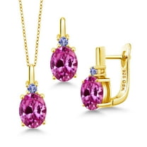 Gem Stone King 3.08 Ct Pink Created Sapphire Blue Tanzanite 18K Yellow Gold Plated Silver Pendant and Earrings Jewelry Set