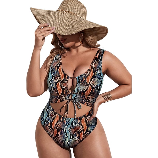 Traje de baño de una pieza con corte de leopardo para mujer, con lazo frontal, acolchado inalámbrico Leopardo Multicolor 2XL Extra amplio Leopardo Multicolor 2XL Extra amplio Xishao ropa