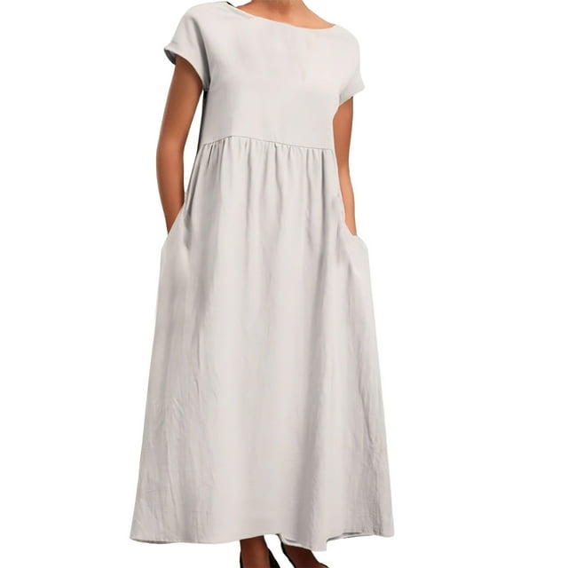 Vestido largo sin mangas de mezcla de lino con bolsillos para mujer: color liso, corte holgado, tejido de poliéster para todas las ocasiones