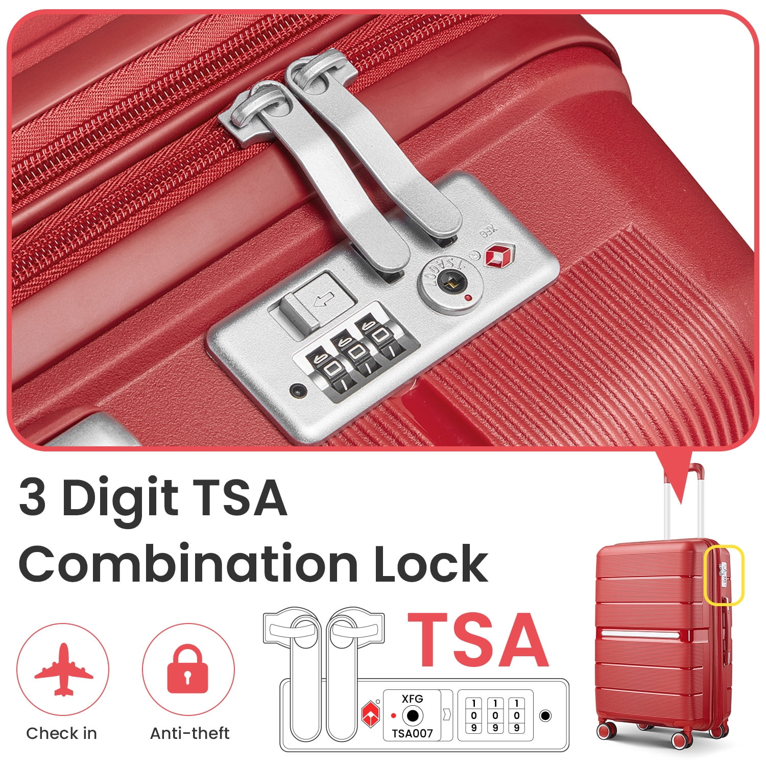 POWANLI 4 Piece Luggage Sets(14"20"24"28"）, PP Hardside Lightweight & Durable suitcase, Expandable, TSA Lock, Spinner Wheels, Airline Approved,(Wine Red)