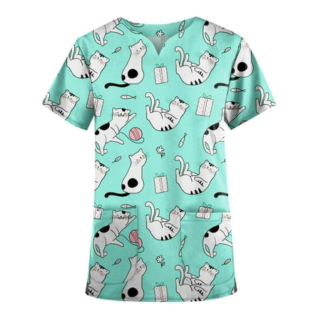 

HIMIWAY Plus Size Cute Printed Scrub Working Uniform Tops For Women V-Neck Short Sleeve Fun T-Shirts Workwear Tee With Pockets