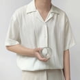 thumbnail image 5 of Men Striped Lapel Short Sleeve Button Shirt Korean Casual Solid Color Streetwear, 5 of 9