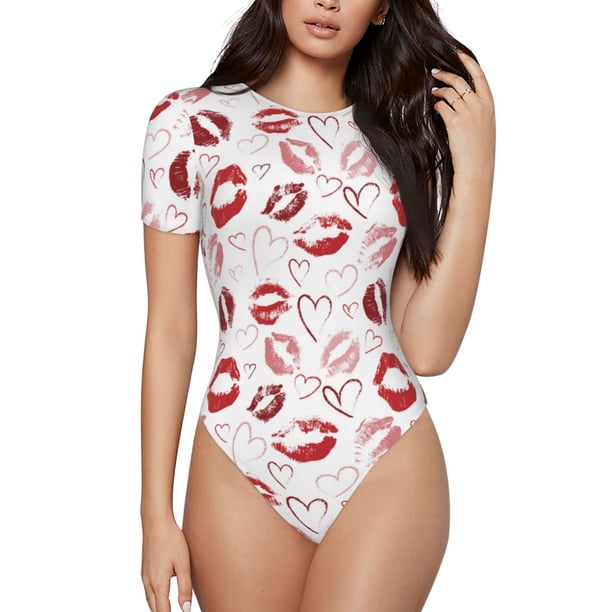Fotbe Red Lips Body de Mujer con Cuello Redondo y Mangas Cortas, Sin Mangas Ajustado, Suave, Cómodo y Básico-Medium