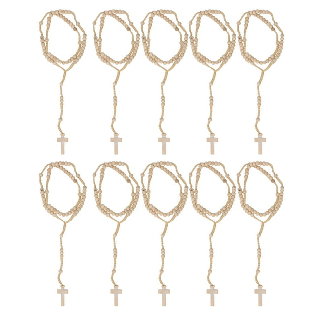10 piezas de rosario de madera con impresión de Jesús, estilo católico unisex, cruz de cuentas de madera natural, collar de rosario, joyería para hombres y mujeres, color beige