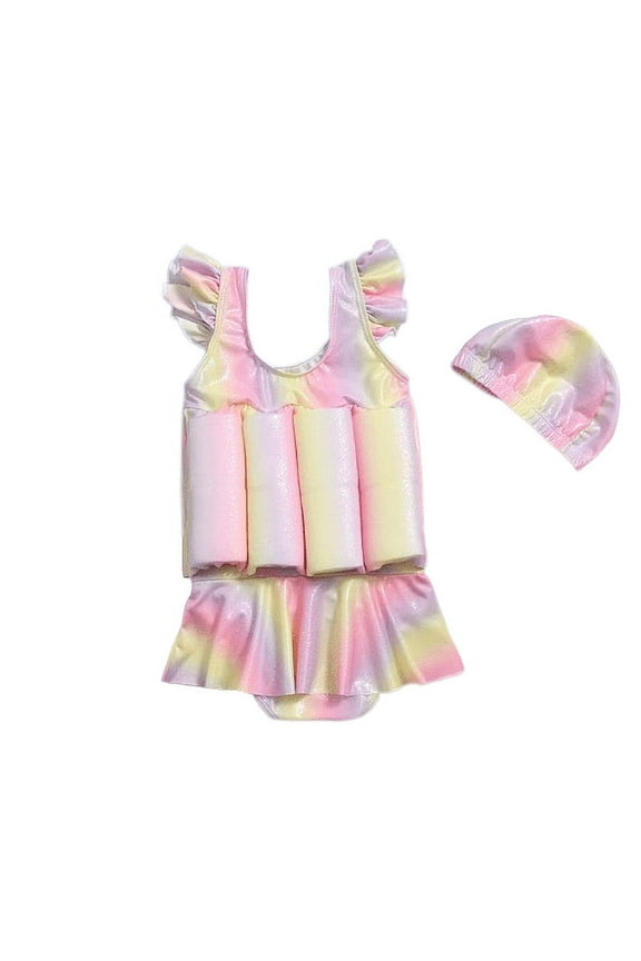 Toddler Baby Float Swimsuit Cute Sleeveless One-piece Swimwear with Swimming-Cap Infant Swimsuit Suit